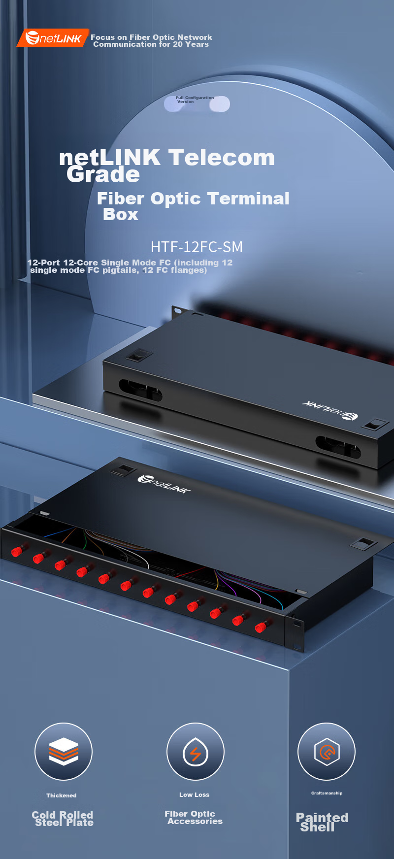 NetLINK Fiber Optic Terminal Box, 12 Ports 12 Fibers FC Single-Mode Fiber Patch Panel, Fully Equipped with Fiber Pigtail Flange Cable Connector Fusion Splice Box, Rack-Mounted 1 Piece HTF-12FC 1