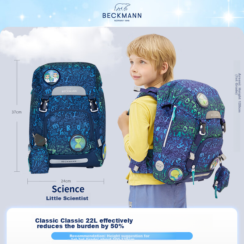 Beckmann Norwegian Primary School Student Spine Protection Backpack with Large Capacity And Stylish Design for Grades 1-3 Boys And Girls, First And Third Grade Children's Backpack