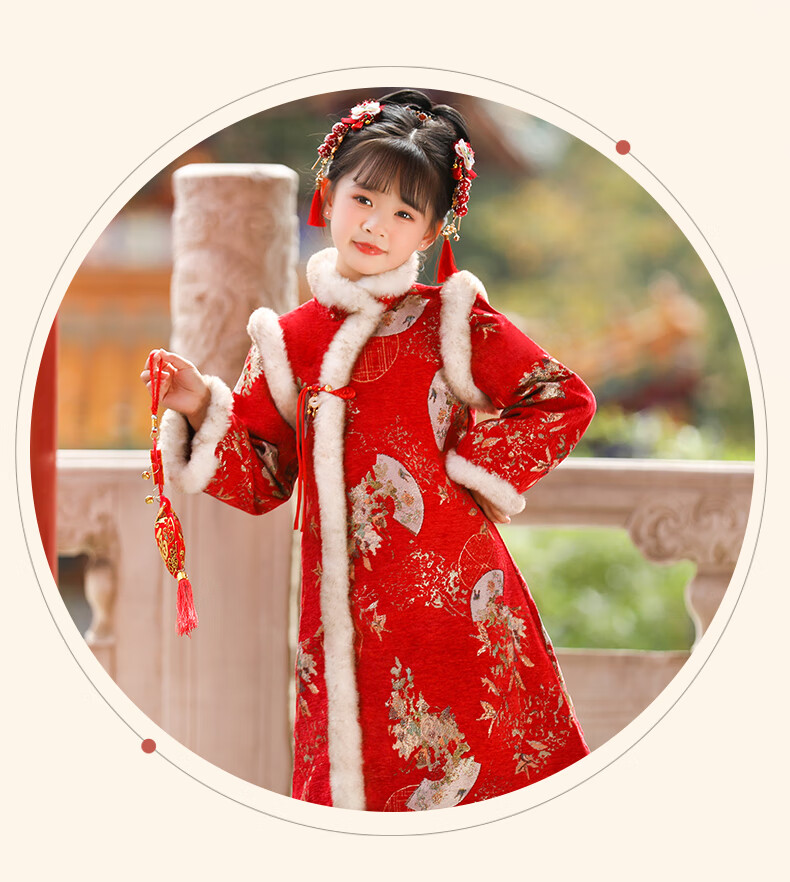 ROMON Red Velvet Qipao New Year Greeting Dress Girls' Chinese New Year Outfit Children's Performance Costume Red 160 7