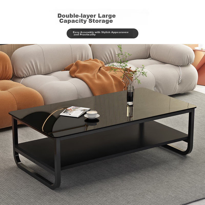 Fanshe Coffee Table, Simple Design, Tempered Glass Double-Layer Storage Coffee Table, Side Table for Small Apartments, Living Room Thickened Legs, Small Table