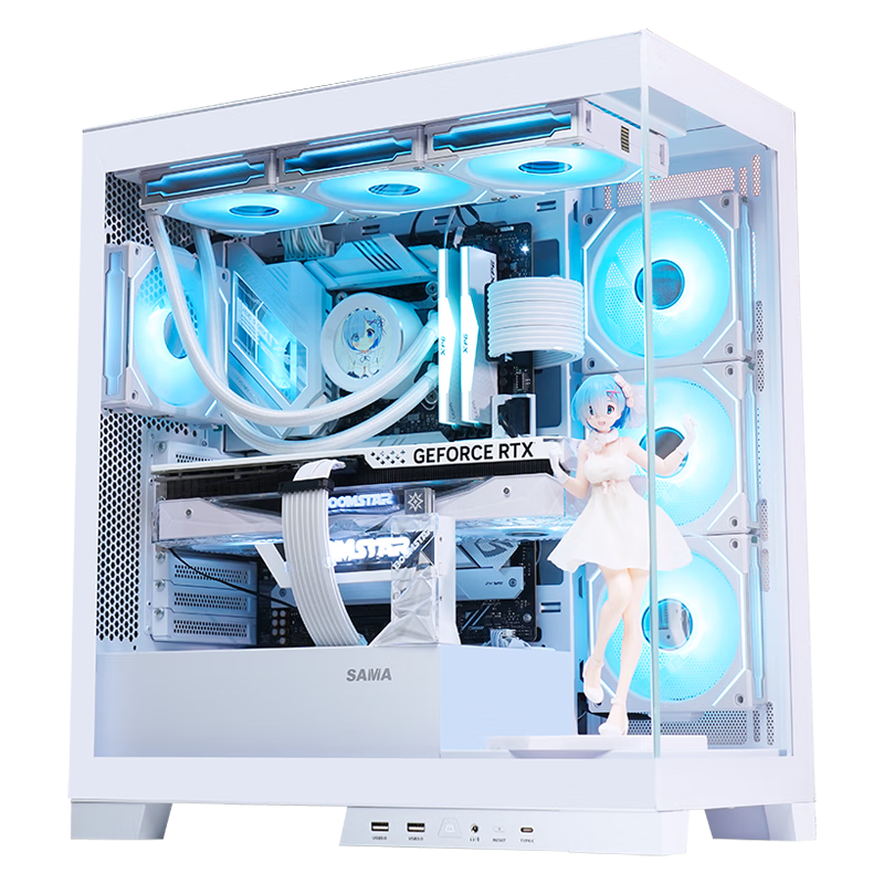 SAMA Dabingjie White ATX Computer Chassis, Desktop PC Case with Dual Glass Panels/detachable Pillars/dual U3+Type-C Ports/supports Back-Mounted Motherboard, 360mm Water Cooling Compatible