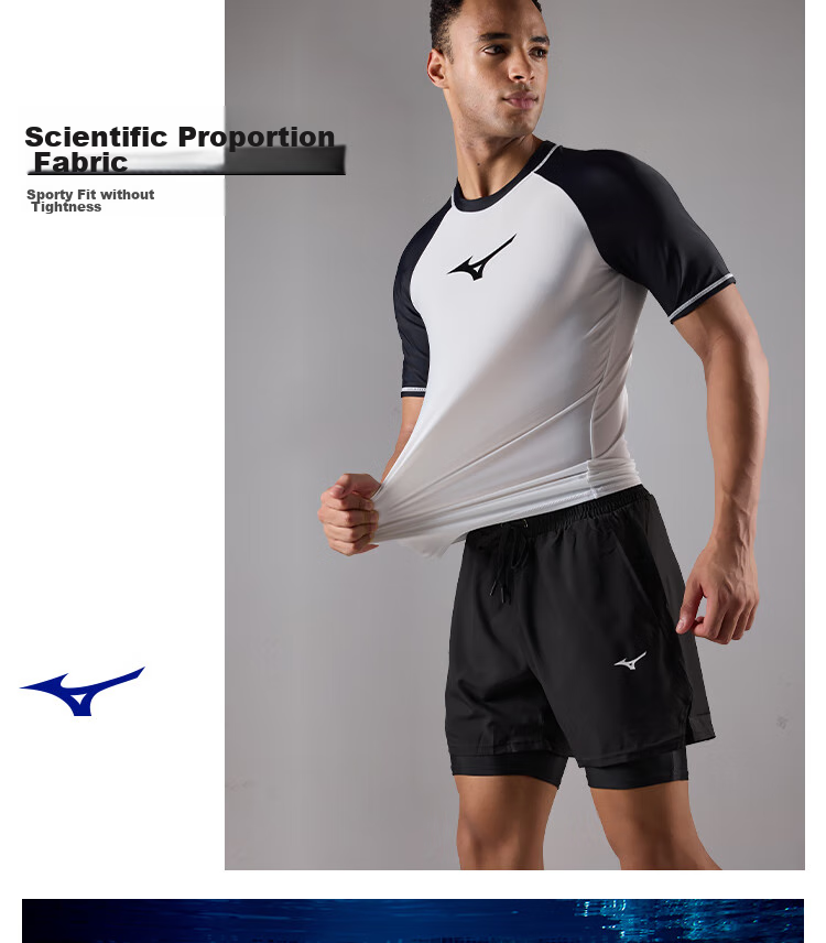MIZUNO Men's Short-Sleeve Swimsuit, Anti-Embarrassment, Plus Size, Hot Spring Top, Quick-Dry Beach Surfing Suit, Equipment AB108 Black M 8