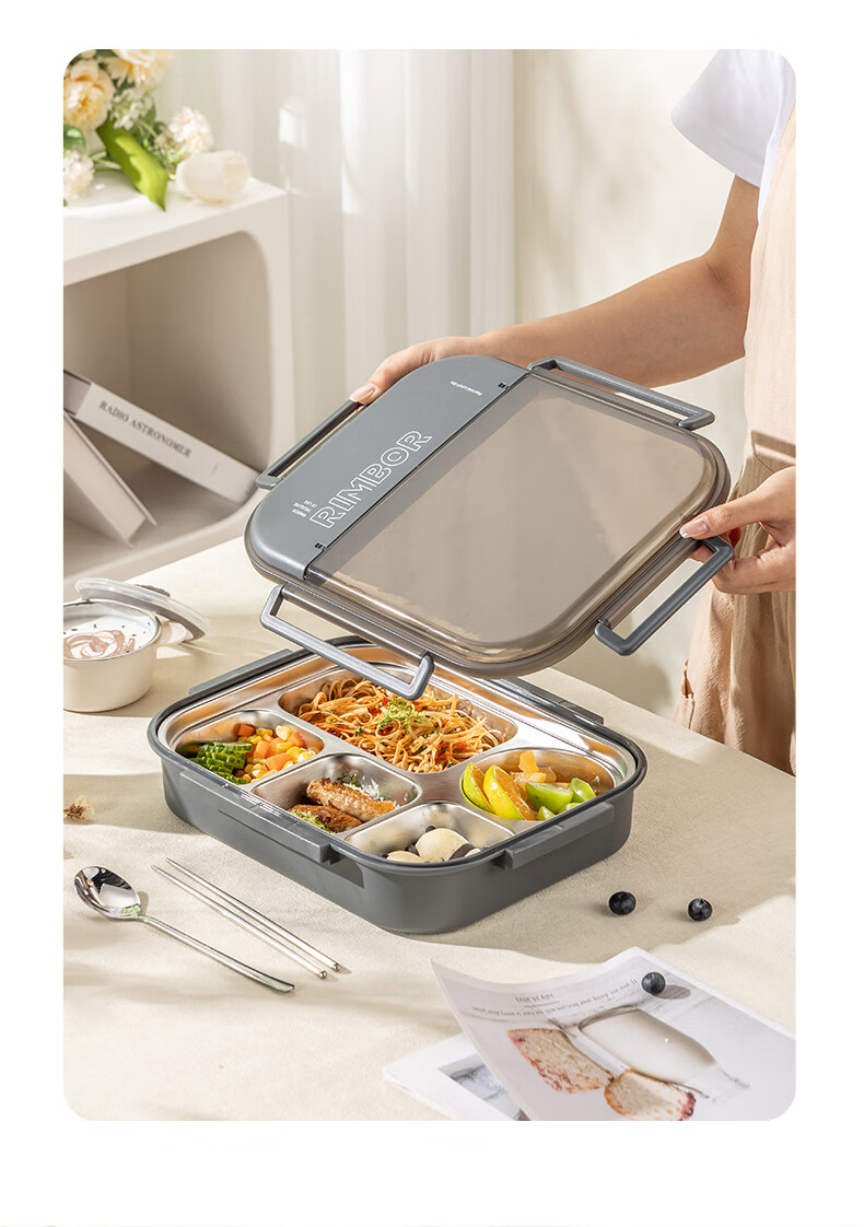 Guangyi 316L Stainless Steel Insulated Lunch Box for Students And Office Workers, Portable Meal Tray with 5 Compartments And Utensils, Black GY7493 4