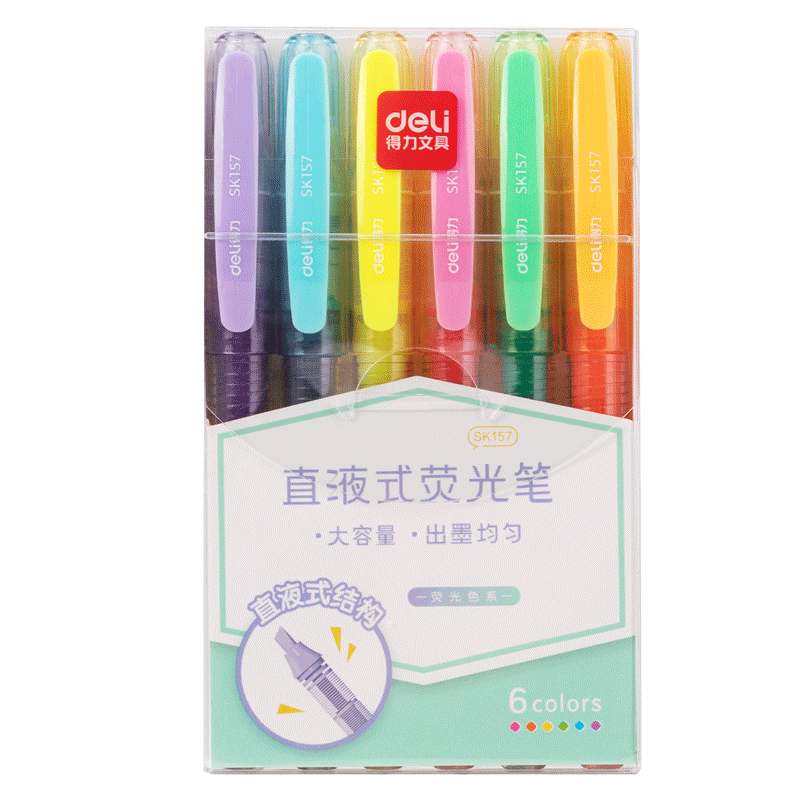 Deli Stationery [Large Capacity Direct Liquid] Highlighter Pens for Student Exams And Review, Colorful Marking Pens for Key Points, Fluorescent Colors, 6 Pens/Box SK157