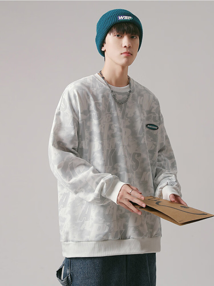Foss Phil Men's Sweatshirt, Spring And Autumn Long-Sleeve Tie-Dye Vintage Base Layer Camouflage Round Neck Top, 8920 Camouflage Gray, 3XL 15