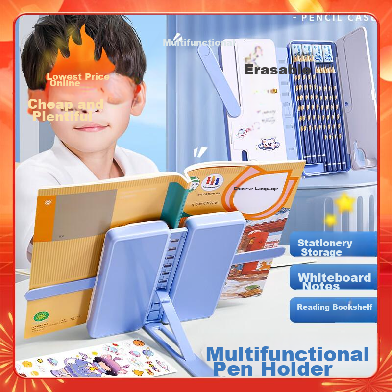 Jinzhi Blue Multifunctional Stationery Box Reading Stand, Elementary School Student Bookshelf Stand, Pencil Case Storage, Automatic Double-Layer Pencil Bag, Large Capacity, Children's Reading, Boys And Girls, Foldable