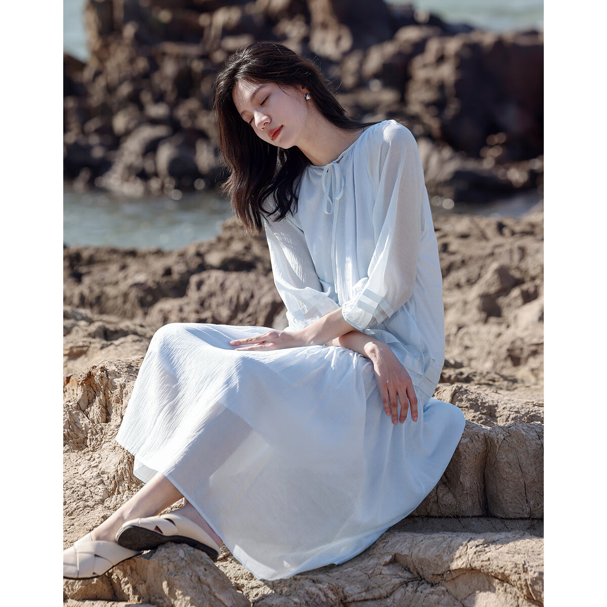 Dme First Love Style Light Blue Dress, Round Neck, Tie-Up Collar, Fairy-Like Long Sleeve Dress for Women, Light Blue, M