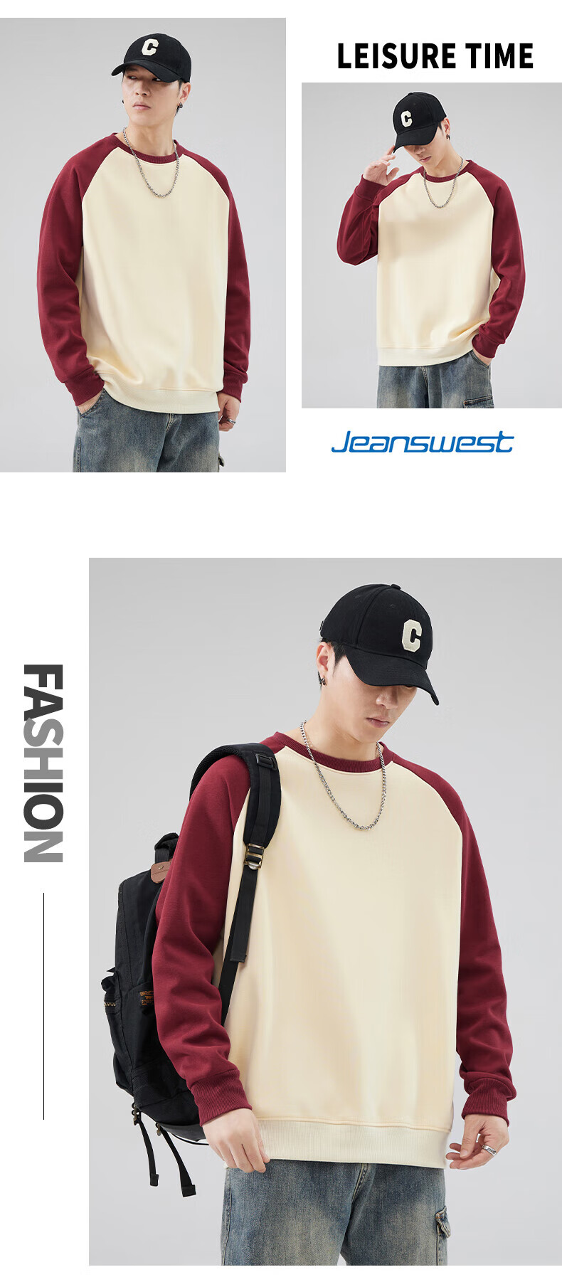 Jeanswest Men's Sweatshirt 2026 Spring Crewneck Pullover Drop Shoulder Colorblock Loose Casual Simple Fashion Navy Blue with White and Gray XL 4