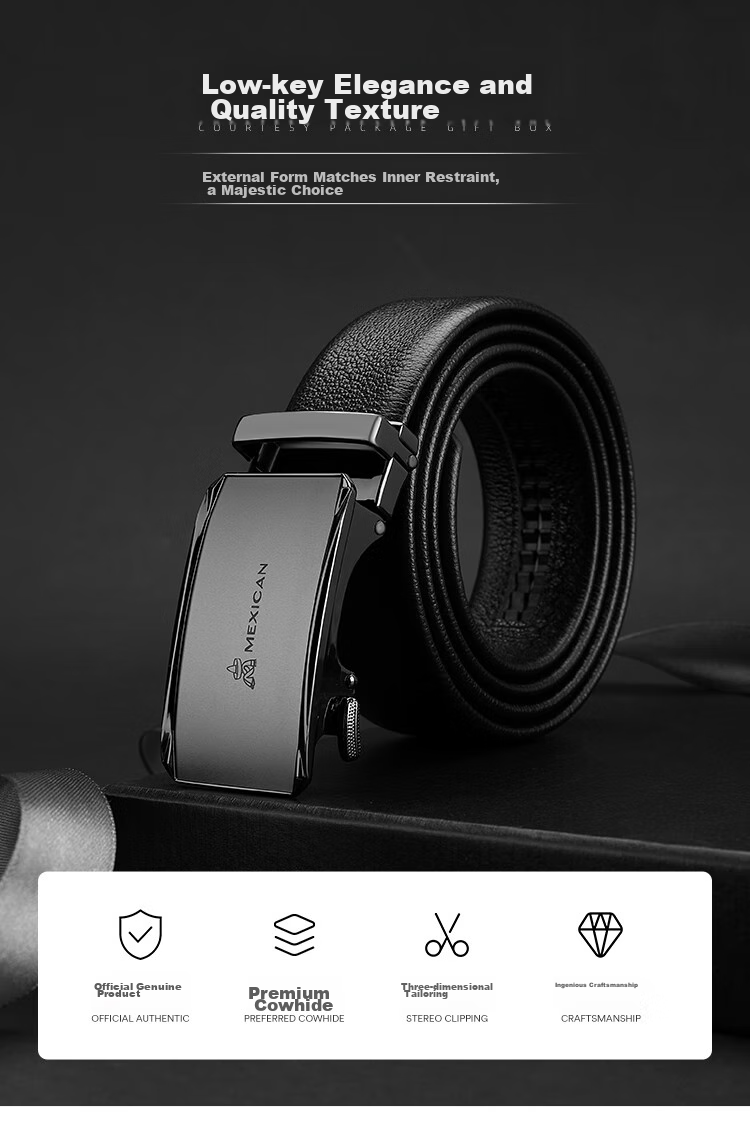 MEXICAN Men's Leather Belt with Automatic Buckle, Genuine Top-Grain Cowhide Business Waistband Casual Trouser Belt Birthday Gift for Men And Fathers 1