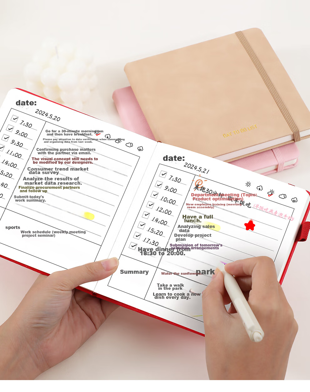 Zuolanzhe Daily Planner Portable Pocket Notebook Square Notepad Time Management Self-Discipline Check-In Schedule Book Handheld Journal Thick Diary Work Study Notebook Red 15