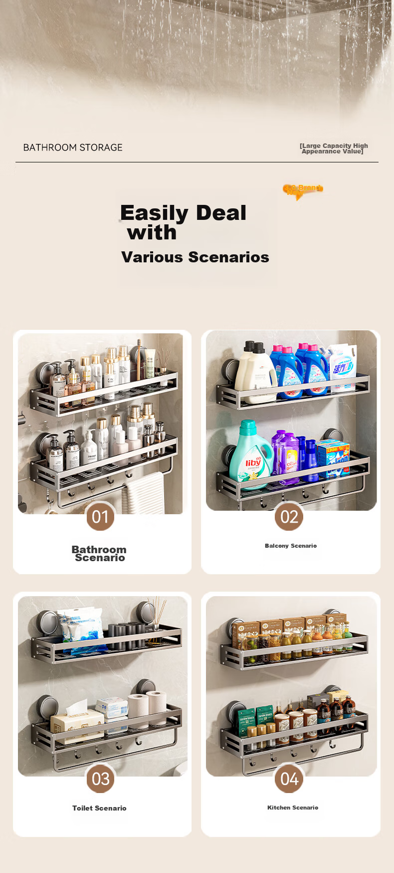 Baihan Bathroom Suction Cup Storage Rack, Wall-Mounted Toilet Towel Holder without Drilling, Washroom Vanity Organizer Shelf 15