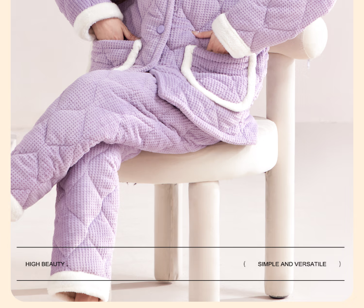 MiiOW Coral Fleece Three-Layer Padded Women's Pajamas, Ultra-Thick Fleece-Lined Warm Loungewear, Suitable for Outdoor Wear, Cherry Blossom Pink 21