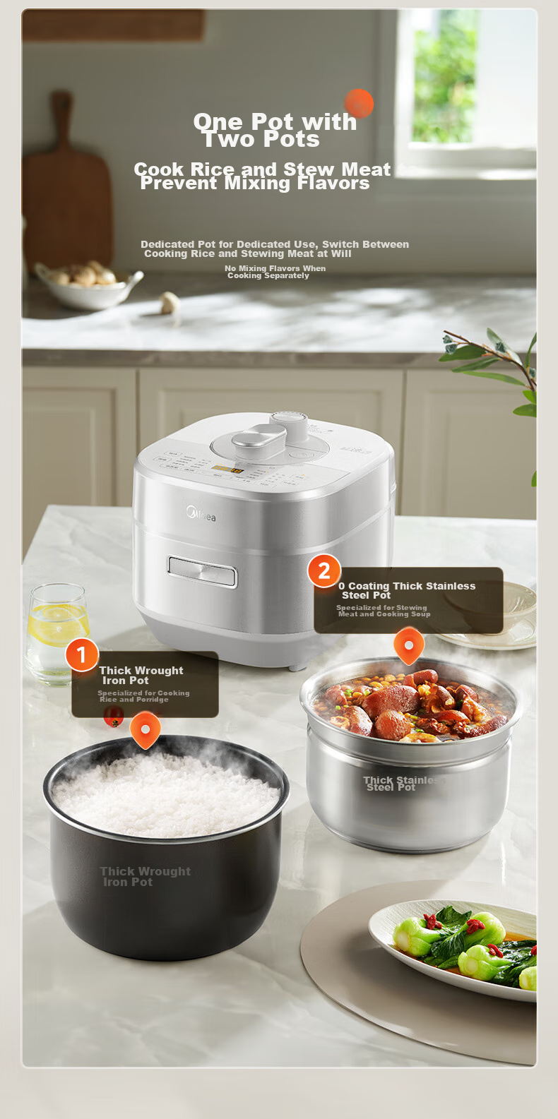 Midea Electric Pressure Cooker, Non-Coated IH High-Pressure Cooker, 5L Household Soup Pot, Fully Automatic Intelligent Reservation, Dual Inner Pot for Rice Cooking, 4-6 People Quick Release MY-S5971K 9