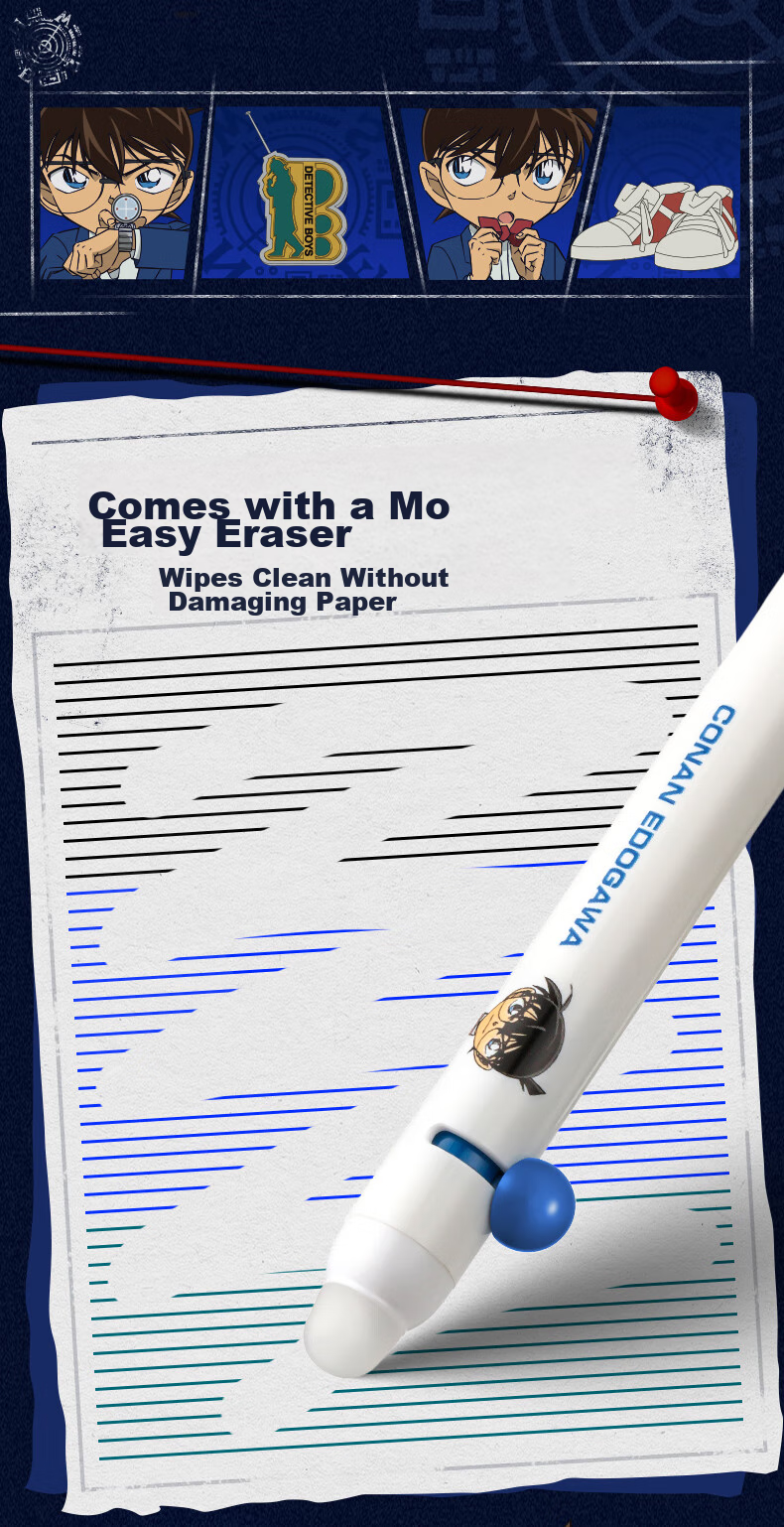 AIHAO [Back to School Essential] Conan Collaboration Erasable Pen, 0.5mm, Elementary Student Handwriting Practice Pen, ST Tip Retractable Pen, Exam Writing Pen, Moli Erasable Gel Pen, Crystal Blue, Jide GP2761 7