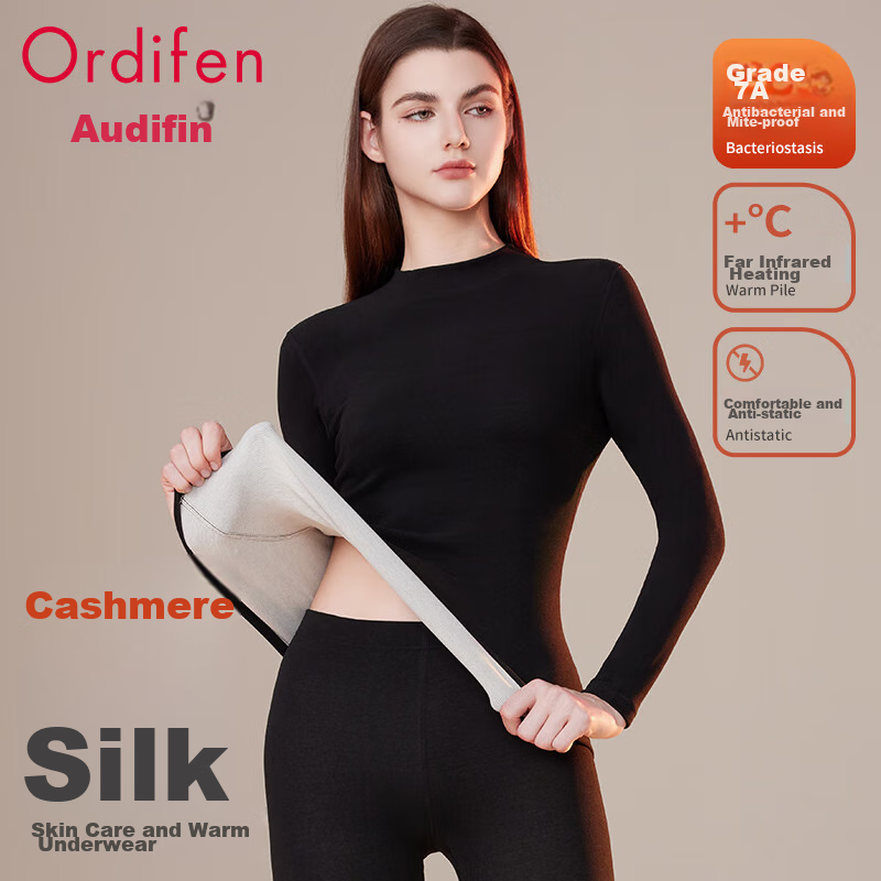 Ordifen [Cashmere Silk Mid-Neck Set] Women's Thermal Underwear, Anti-Static Base Layer, Antibacterial Winter And Autumn Clothing And Pants, Black XL