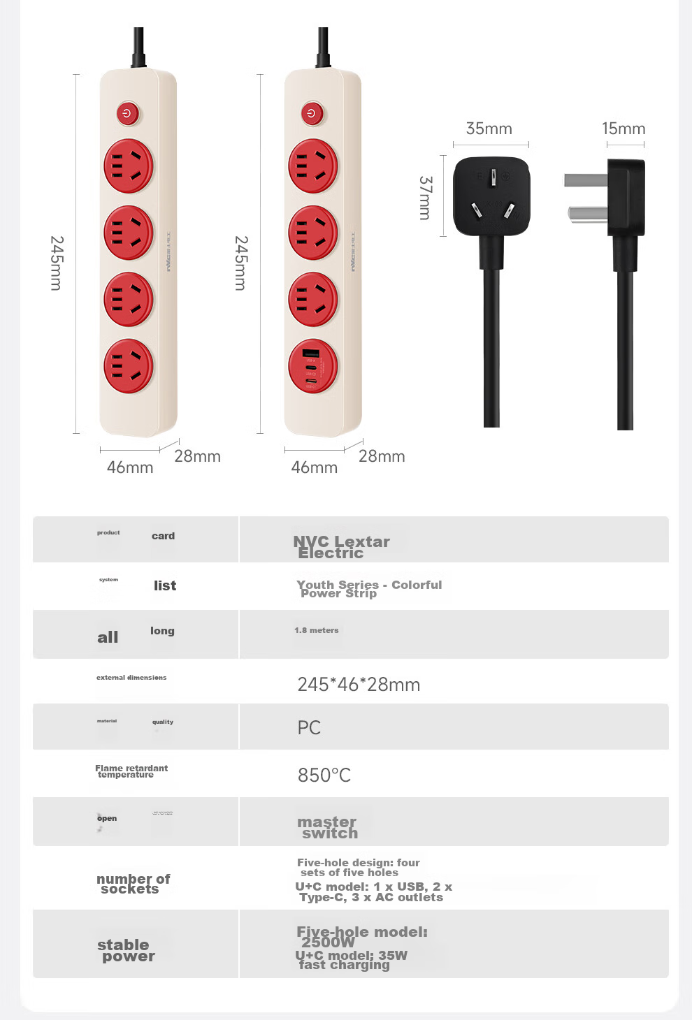 NVCleishidiangong EP3411B, 4-Outlet Master Control Power Strip, Overload Protection, Short Circuit Protection, 850° Flame Retardant, Dormitory Use, Retro Style, 1.8 Meters, Pink, Honey Color 17