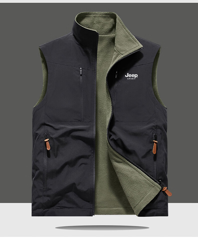 JEEP SPIRIT Men's Autumn Winter Sleeveless Vest Loose Multi-Pocket Warm Reversible Jacket Black 4XL 1