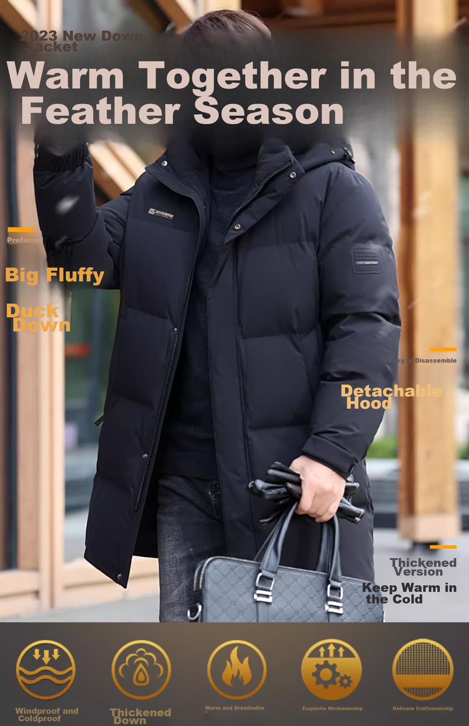 Yalu Mid-Length down Jacket for Men, Winter Detachable Hooded Coat for Middle-Aged And Elderly Fathers, Warm Duck down Men's Outerwear 1
