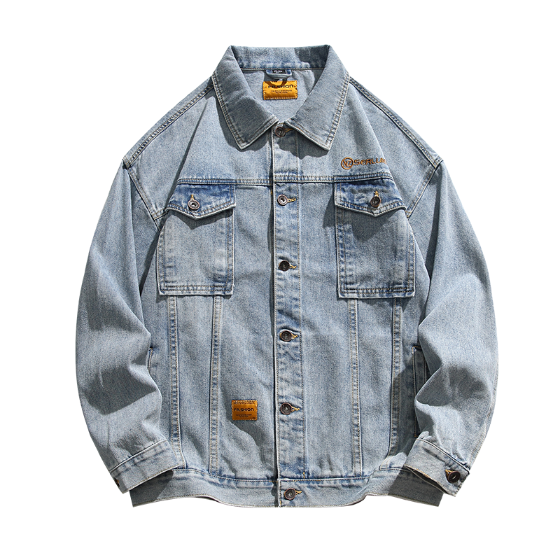 MMOPTOP Denim Jacket, Trendy Men's Spring And Autumn Style, Turn-Down Collar, Retro Workwear Jacket, Loose Casual Outerwear, JK826 Blue, 2XL