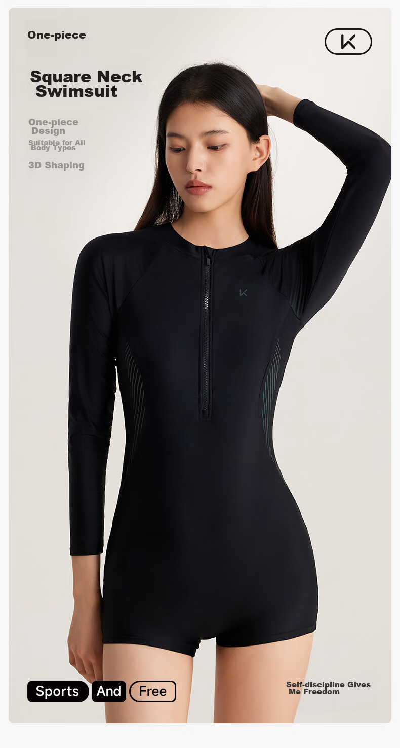 Keep Women's One-Piece Long-Sleeve Boyleg Swimsuit, Professional Training Conservative Plus Size Swimwear, 603 Black, L 2