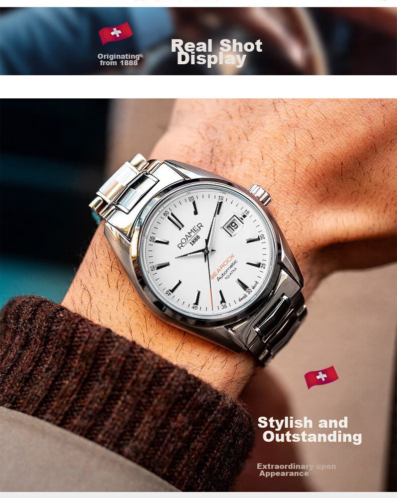 ROAMER Swiss Imported Fully Automatic Mechanical Watch, Tungsten Steel Wristwatch for Men, 100-Meter Water Resistance, Men's Watch with Black Dial 2