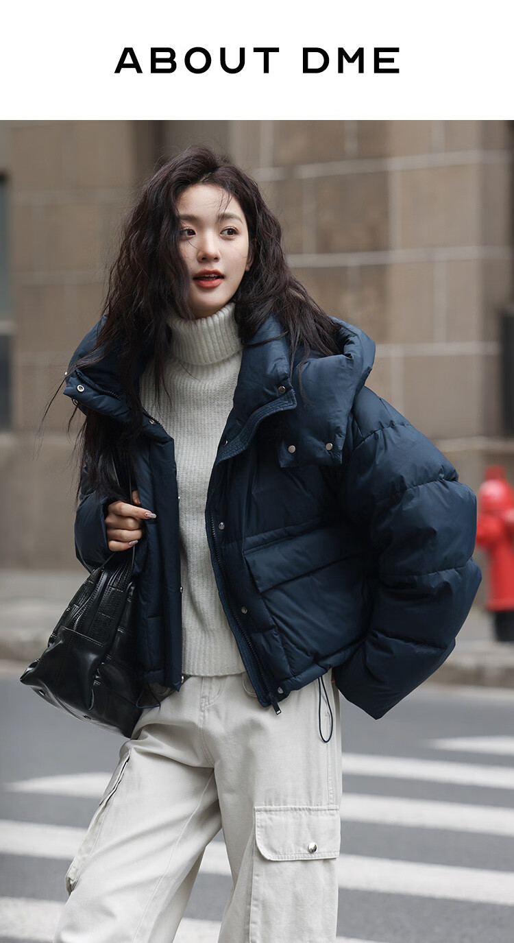 Dme [Navy Blue Short Down Jacket with Large Pockets], Winter Hooded Windproof Button Design down Coat for Wome 1