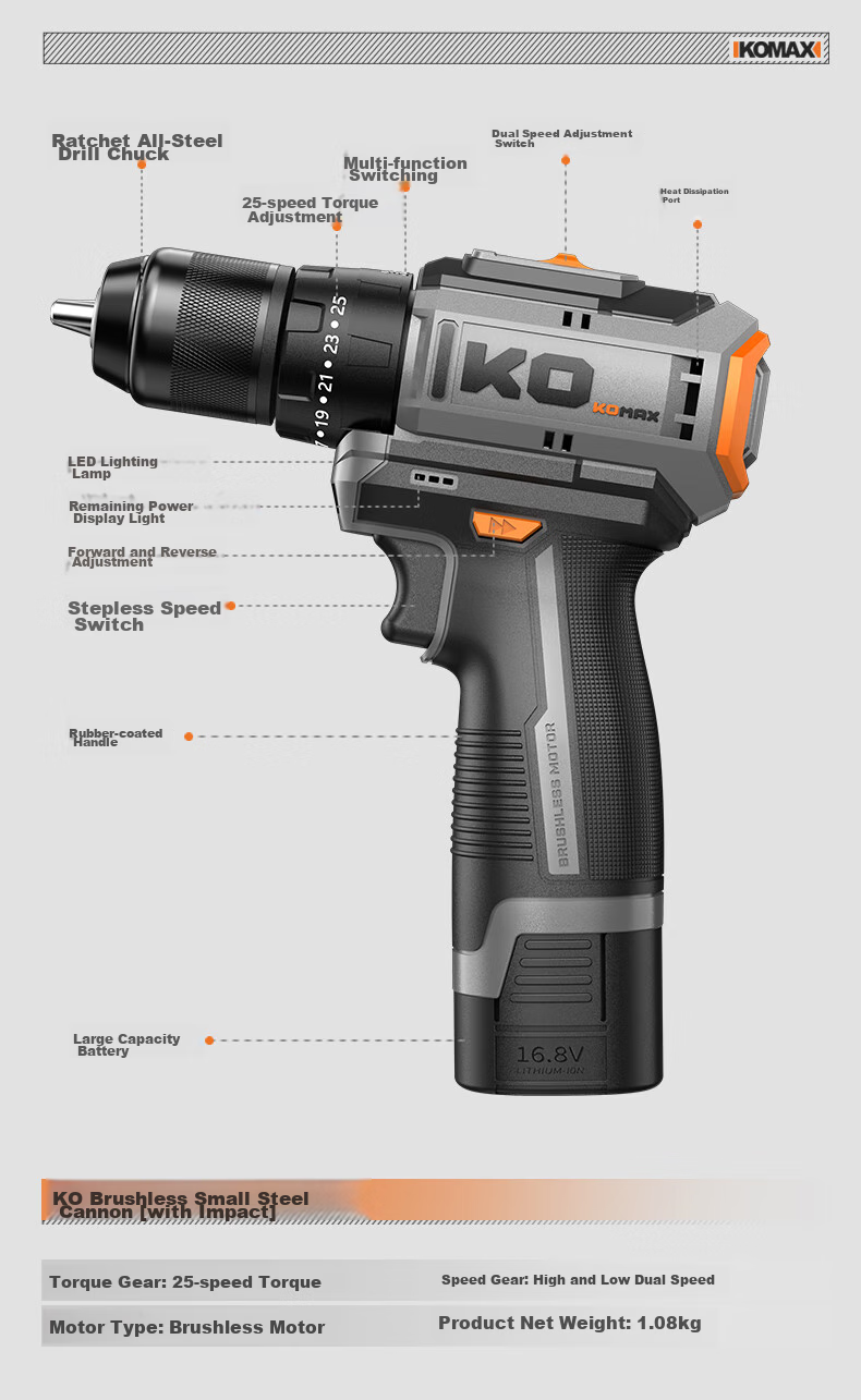 KOMAX Electric Drill, Cordless Screwdriver, Lithium Battery Drill, Household Rechargeable Screwdriver Machine, Electric Tool Box Set 27