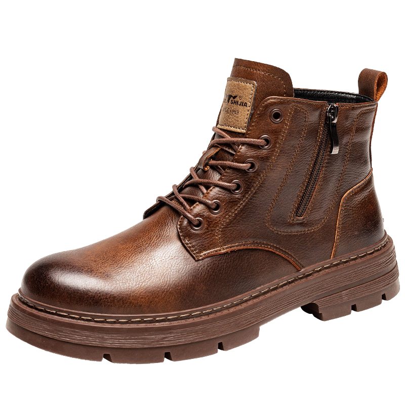 G.N.Shi Jia Men's Martin Boots, New Autumn And Winter Style, Genuine Leather Fleece-Lined Snow Boots, High-Top Warm Cotton Shoes, Casual Work Boots for Me