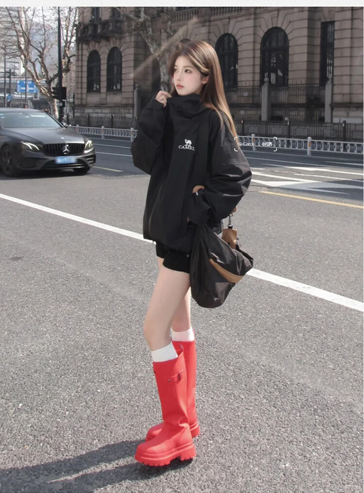 CAMEL Red Combat Boots, Stylish Rain Boots, Outdoor Shoes for Women, Water-Friendly Shoes, Waterproof Non-Slip Tall Boots 3008A 9