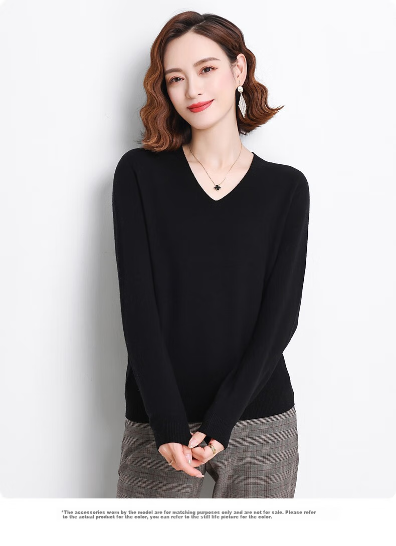 Hengyuanxiang 100% Pure Wool Sweater for Women, V-Neck Loose Base Layer, Autumn And Winter Warm Fashion Knit Sweater, Women's Top 17