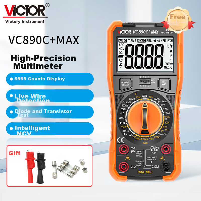 VICTOR High-Precision Multimeter, Professional Digital Meter for Electricians, Smart Household Anti-Burn Model VC890C+MAX