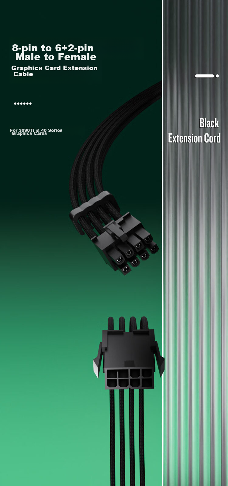 KELEPU Graphics Card Power Extension Cable, 8Pin to 6+2Pin Female to Male, Suitable for 8P/2*8P/3*8P/4*8P Graphics Cards, 300mm, Black 3