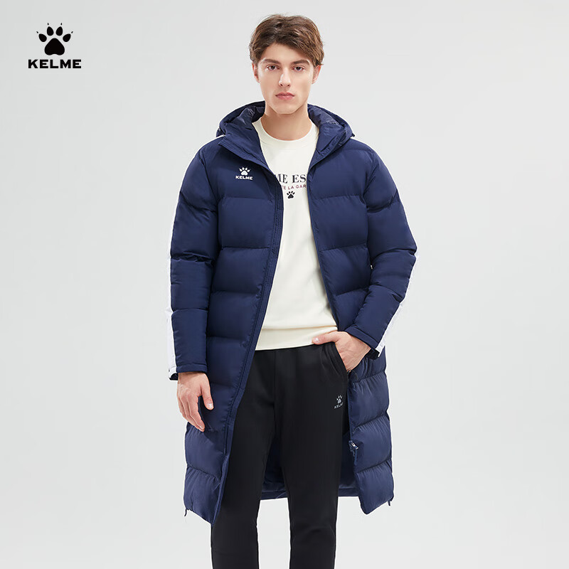 KELME Long Hooded Cotton Jacket for Men, Winter Over-Knee Warm Life Training Coat Windbreaker, Navy Blue And White, Size L