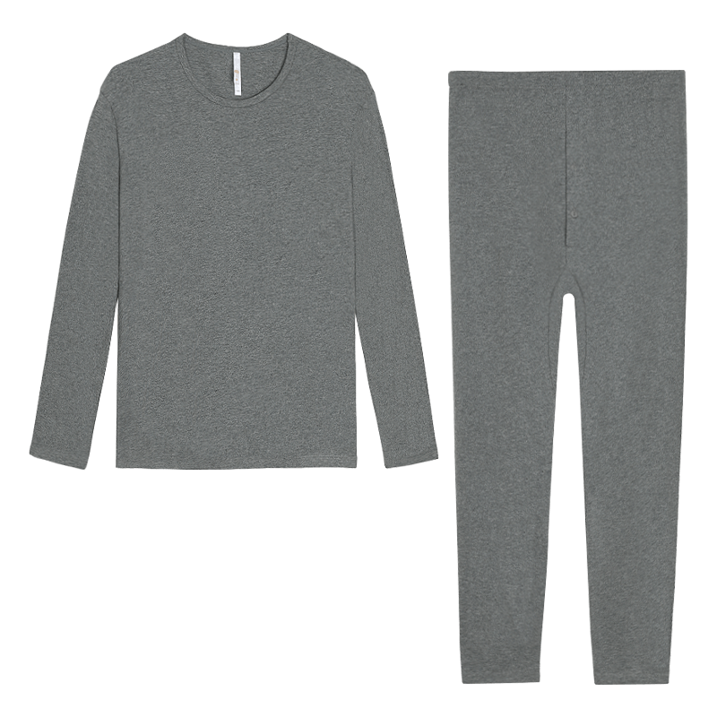 Hodo Men's Underwear Autumn Thermal Set, Plain Cotton-Spandex Round Neck Thin Warm Underwear Set, Dark Heather Gray, Size 170