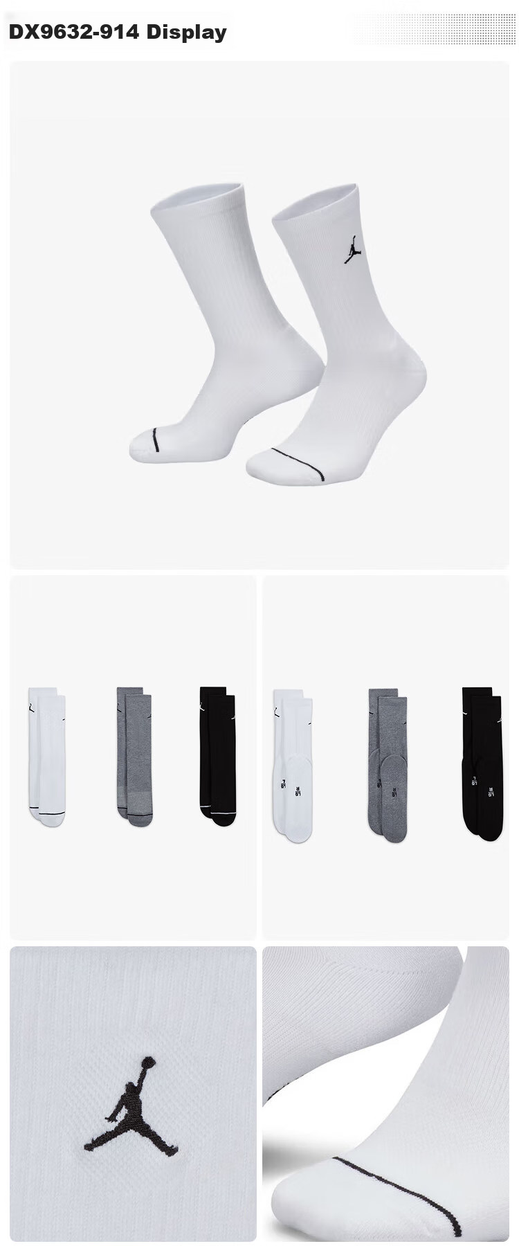 Jordan Men's And Women's Sports Socks, Embroidered Logo, Three-Pair Pack, Quick-Dry Mid-Calf Socks DX9632-100 White M 16
