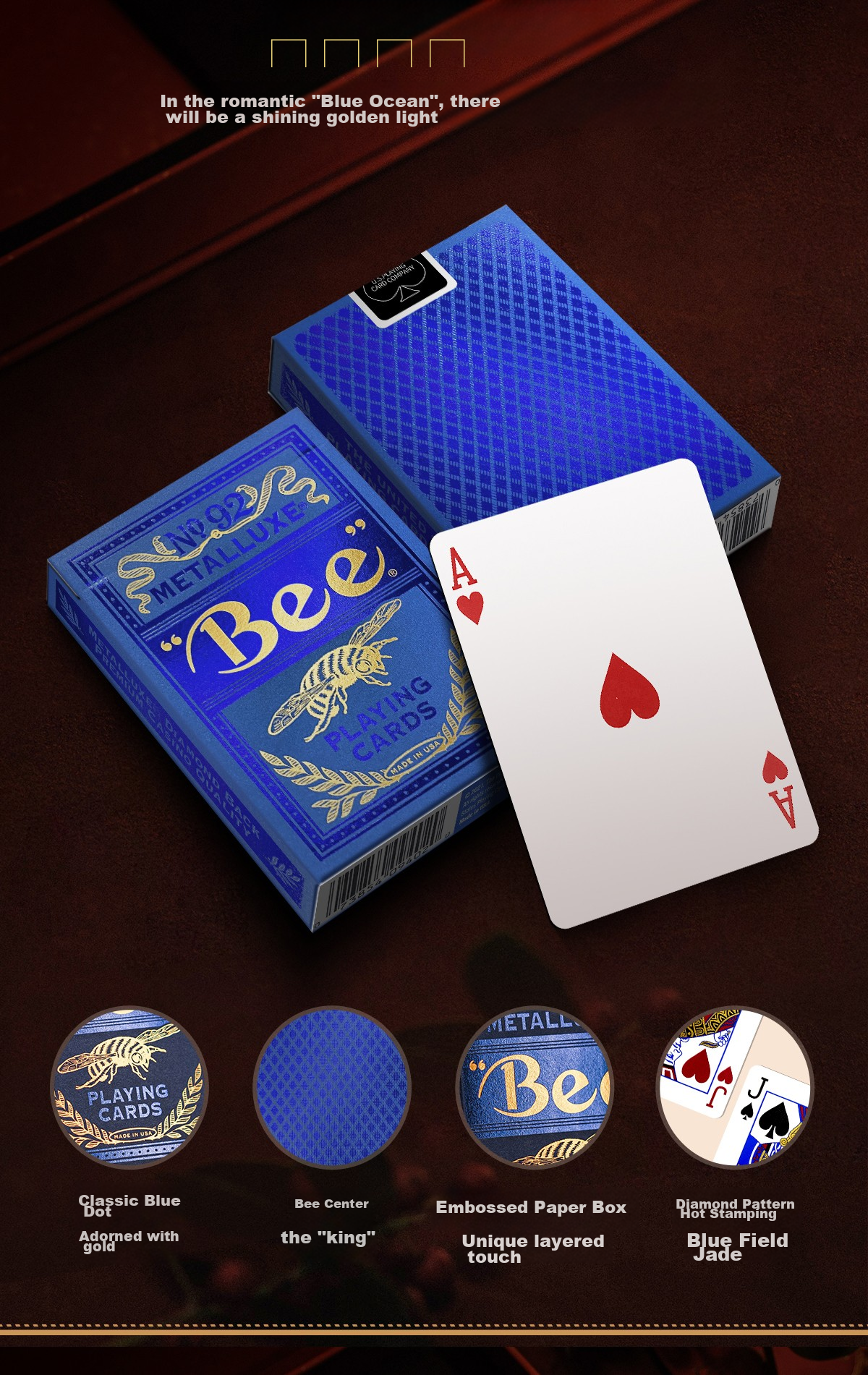 Bee Playing Cards, Imported from USA, Wide-Format, Blue Moon with Gold Foil, 1 Deck 2