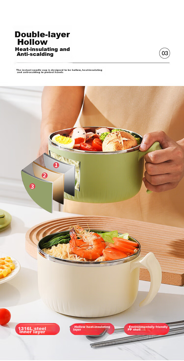 MAXCOOK 316L Stainless Steel Ramen Bowl, Student Lunch Box, Meal Cup, Noodle Cup 1200ML, Comes with Chopsticks And Spoon, Green MCWA9690 6