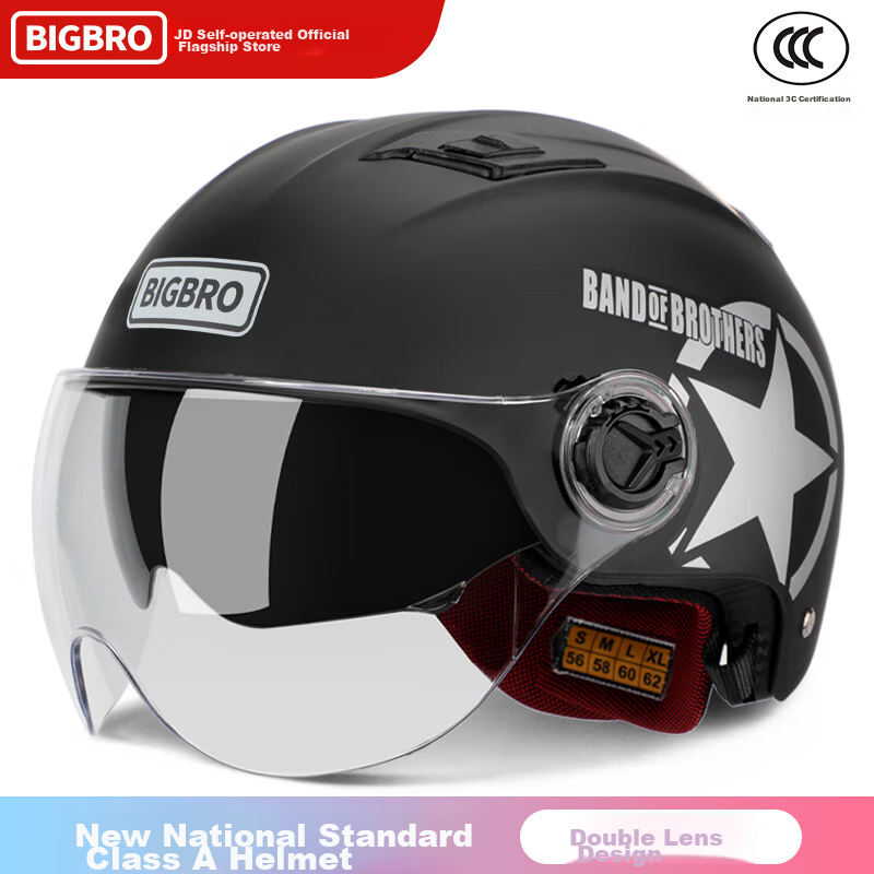 BIGBRO X333 Matte Black New National Standard 3C Dual-Lens Electric Motorcycle Safety Helmet Riding Helmet for Men And Women, Sun Protection Electric Scooter Summer Half Helmet