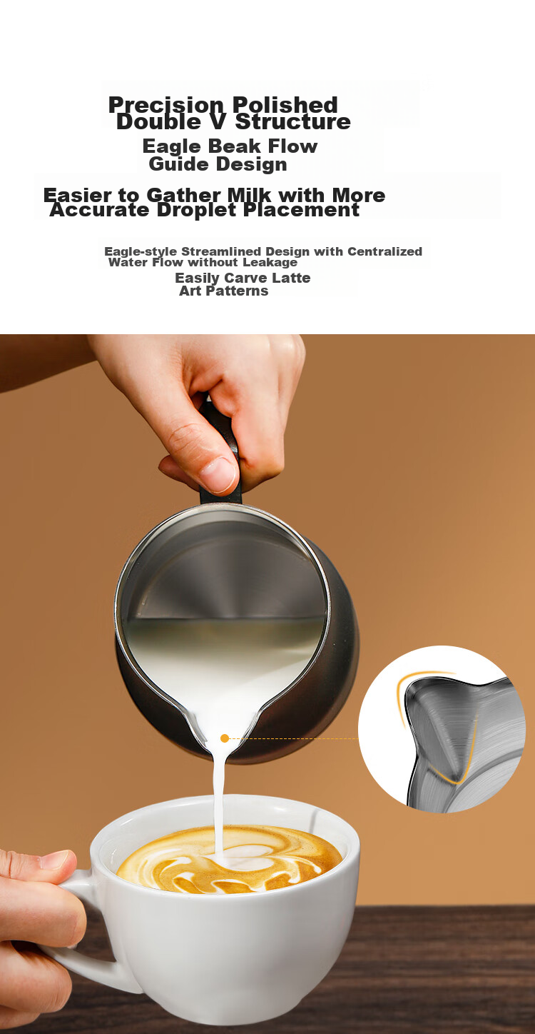 JD Original Pointed Mouth Slanted Spout Latte Art Cup, 304 Stainless Steel Thickened Milk Frother, Decorative Coffee Pot, 600ml Latte Art Pitcher, Silver Color 6