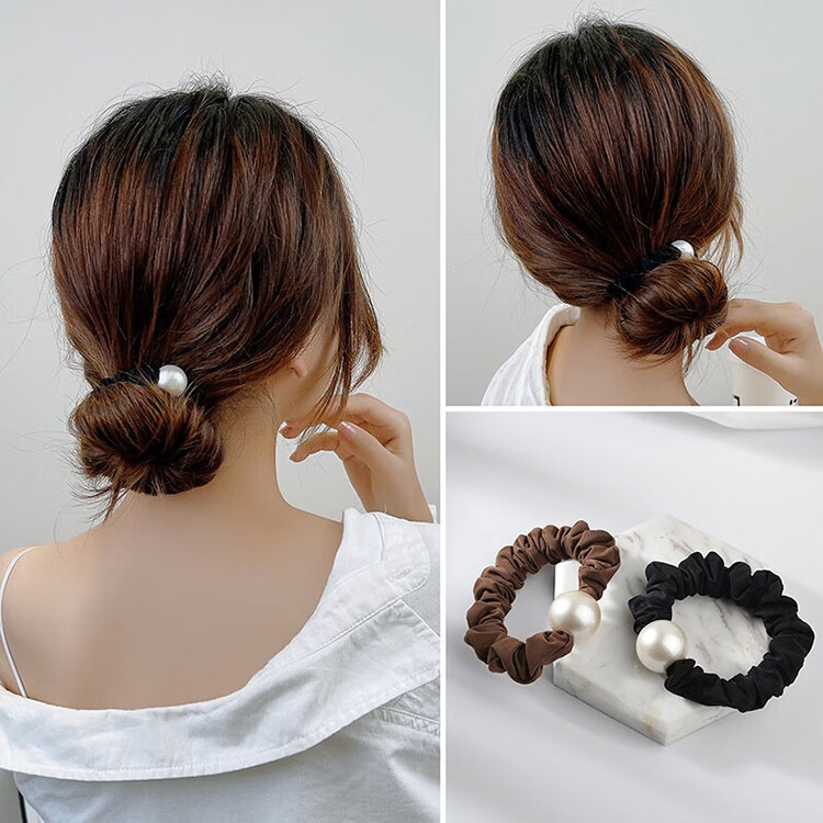 Yefili Two-Piece Premium Round Bead Small Intestine Hair Tie Elastic Ponytail Holder Hair Accessory 2