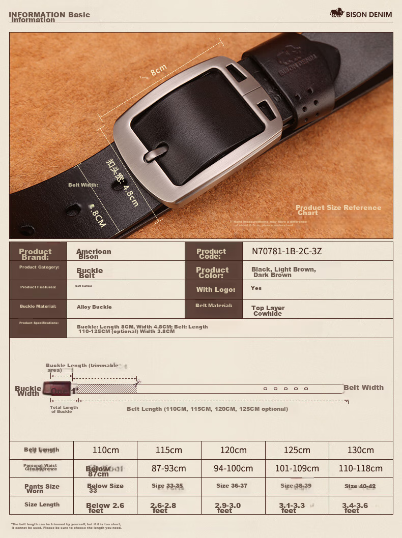 American Bison Men's Genuine Leather Belt Casual Vintage Cowhide Pin Buckle Waistband Birthday Gift for Boyfriend 4