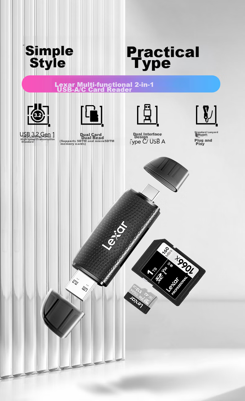 Lexar USB3.2 Card Reader TF/SD Dual-Port USB/Type C Dual-Port Memory Card Reader for DJI Drone And Action Camera, Compatible with Apple IPhone 17 And Computers 1
