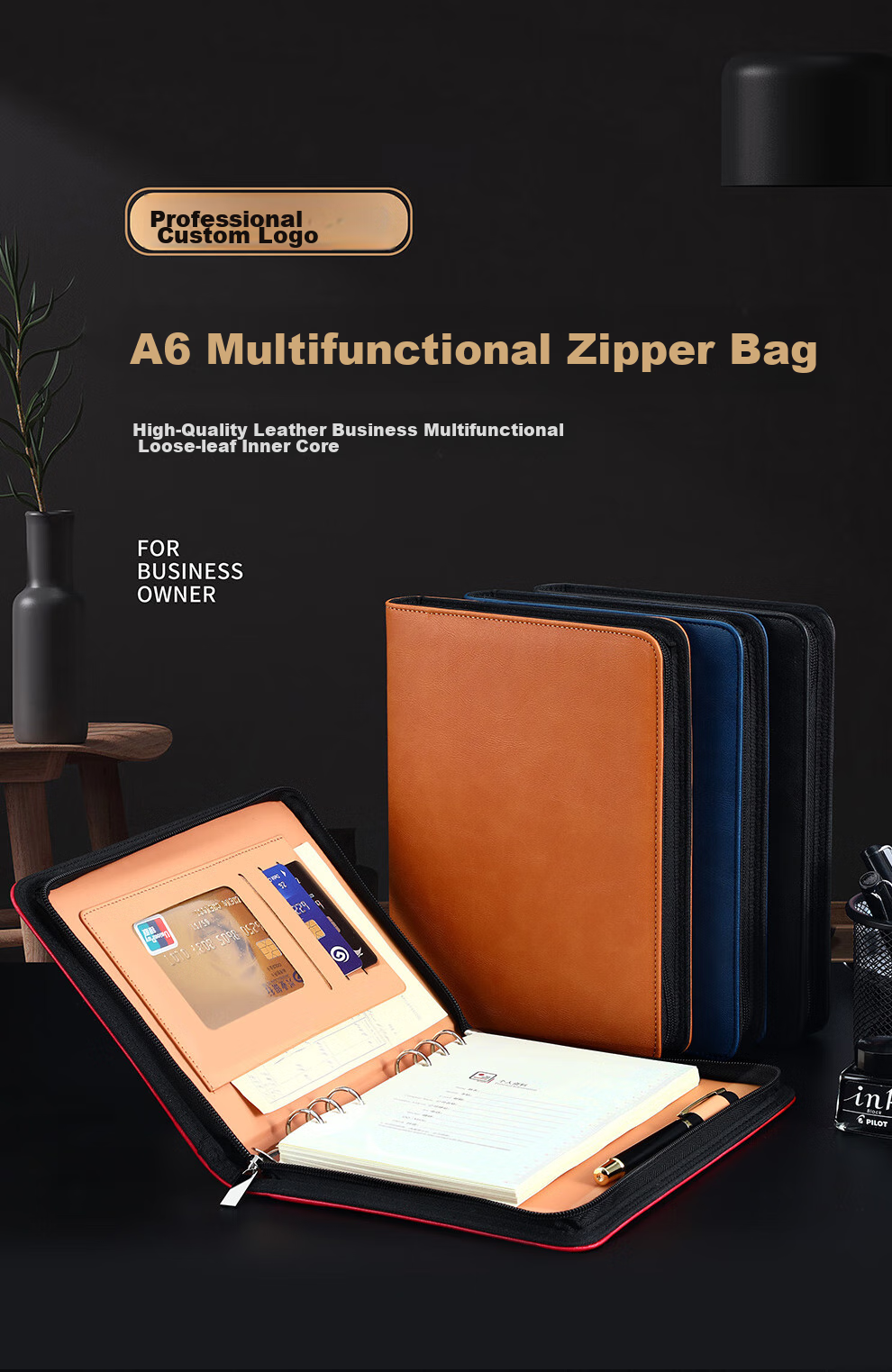 Jiaranheng A6 Business Loose-Leaf Notebook, Multifunctional Zipper Notebook, Detachable And Replaceable Inner Pages, Simple Meeting Record Book, Work Diary, Customizable, Black 1