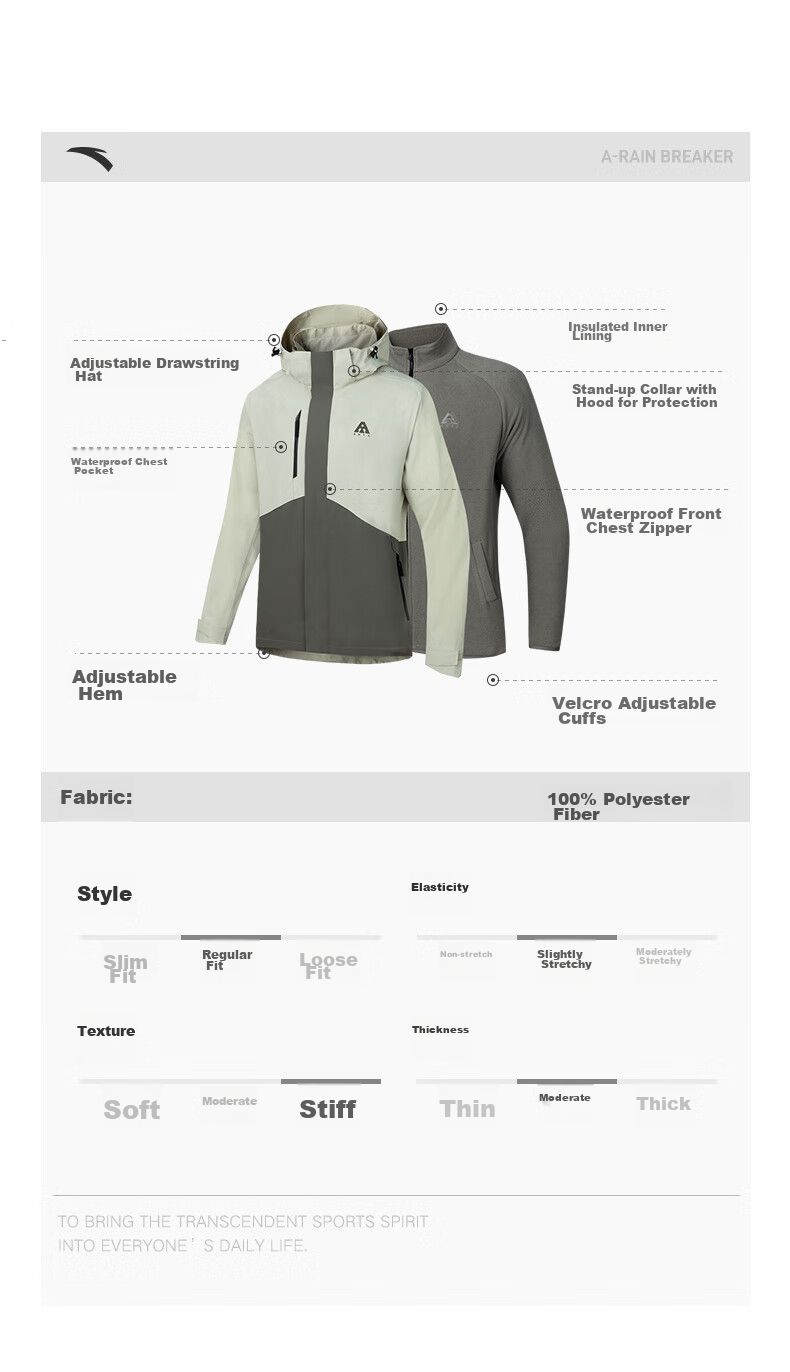 ANTA Water Shell Jacket | Dadi Zhike 3.0 Functional Three-In Jacket for Men, Windproof, Waterproof, Fleece-Lined, Two-Piece Set 32