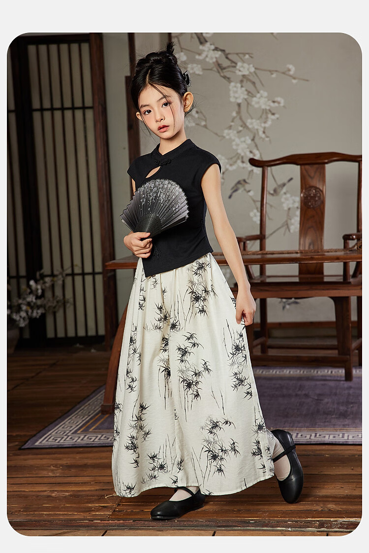 ASK JUNIOR Girls Summer Hanfu Set Chinese Style T-Shirt and Printed Long Pants for Older Kids 13