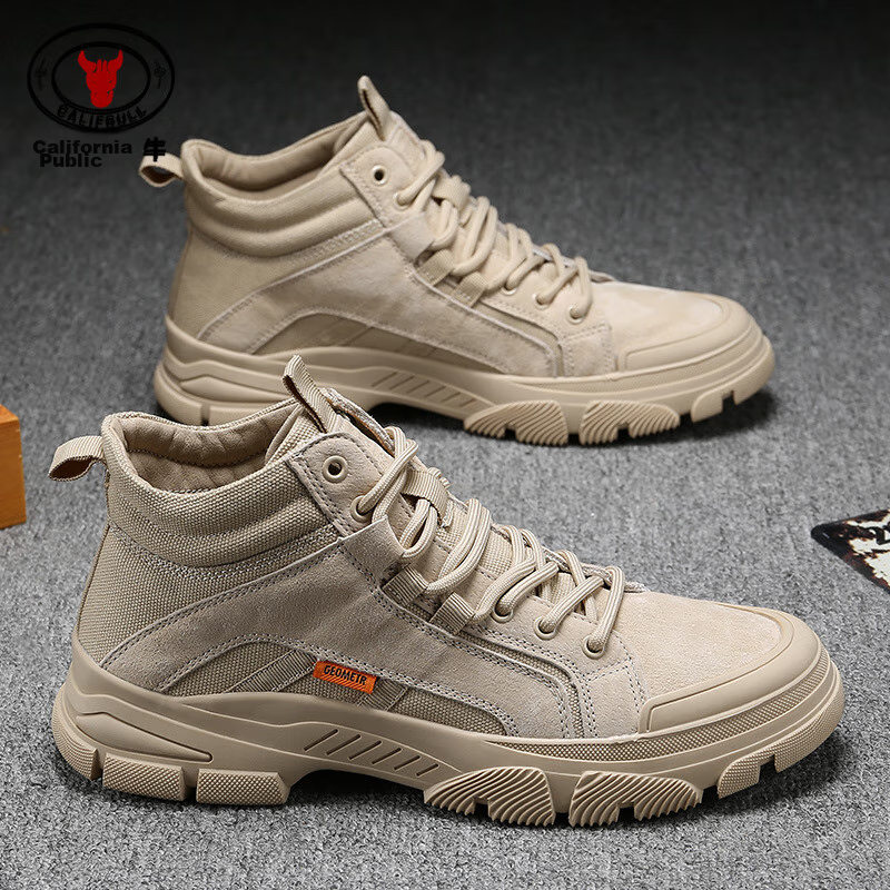 CALIFBULL Men's Shoes Spring And Autumn Trendy Retro Martin Boots Work Boots Men's Style Breathable Outdoor Combat Boots Apricot Color Size 39