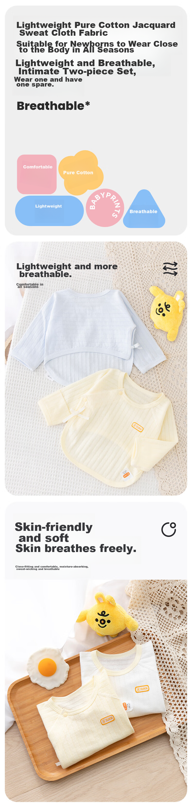 Babyprints Newborn Top 2-Piece Set, Baby Long-Sleeve Half-Back Shirt, Newborn Baby Monk Robe, All-Season Pure Cotton Thin Style, Pink 59 1
