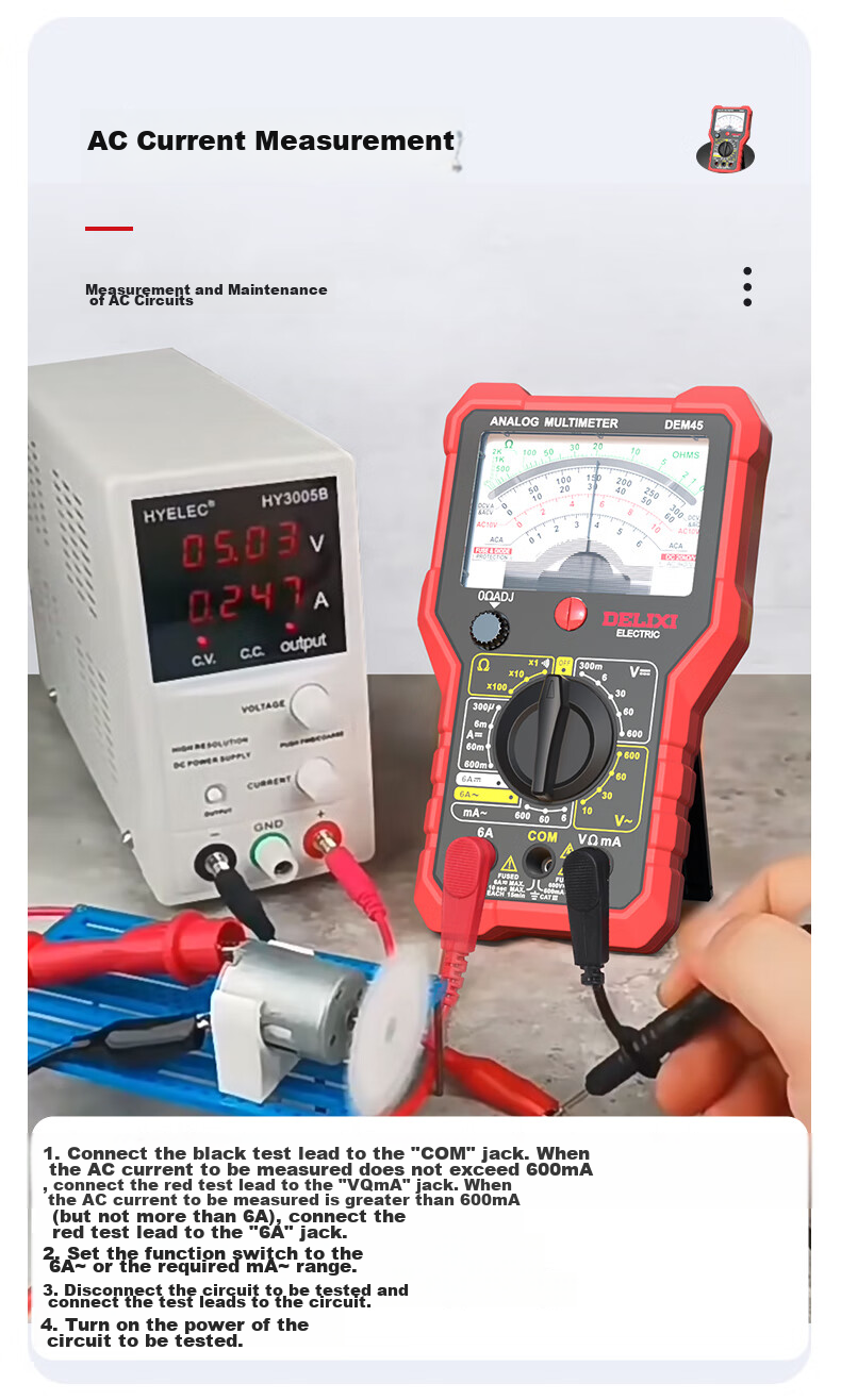 DELIXI ELECTRIC Analog Multimeter, High-Precision, Intelligent Burn Protection, for Home And Electrical Use, Continuity Test, DEM45 7