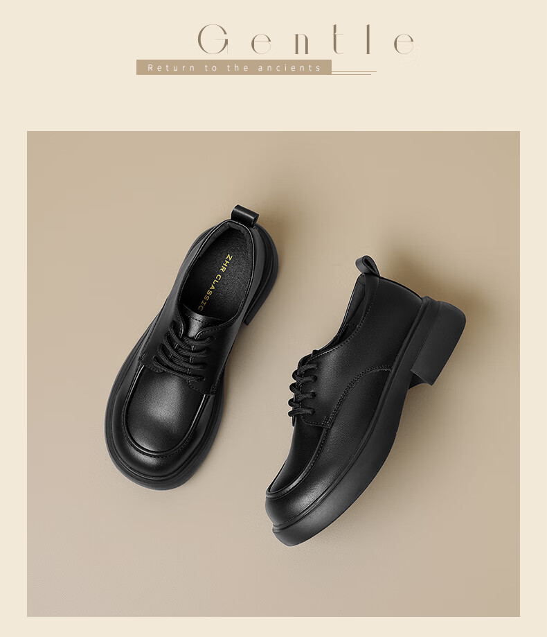 ZHR British Style Women's Leather Shoes with Round Toe And Lace-Up, Genuine Leather Chunky Heel Pumps AY127 Black Size 37 22