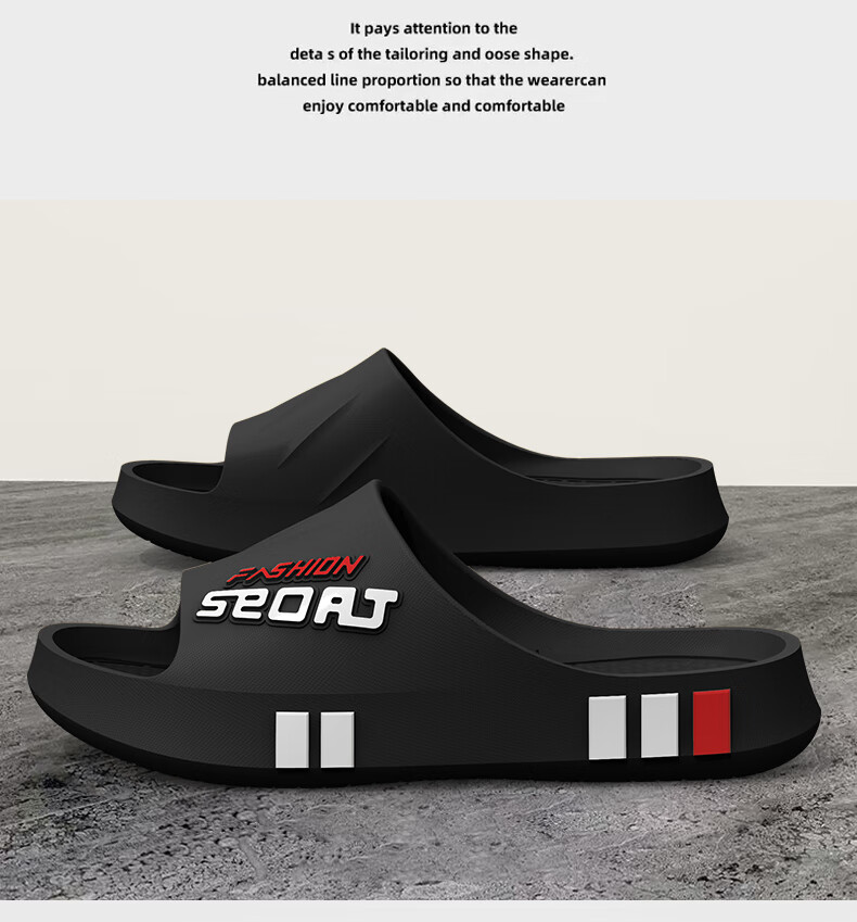Seven-Color Spun Men's Outdoor Anti-Slip Sports Shock Absorption Beach Slippers Soft Sole Home Bathroom Summer Cool Slippers Black Size 44-45 5